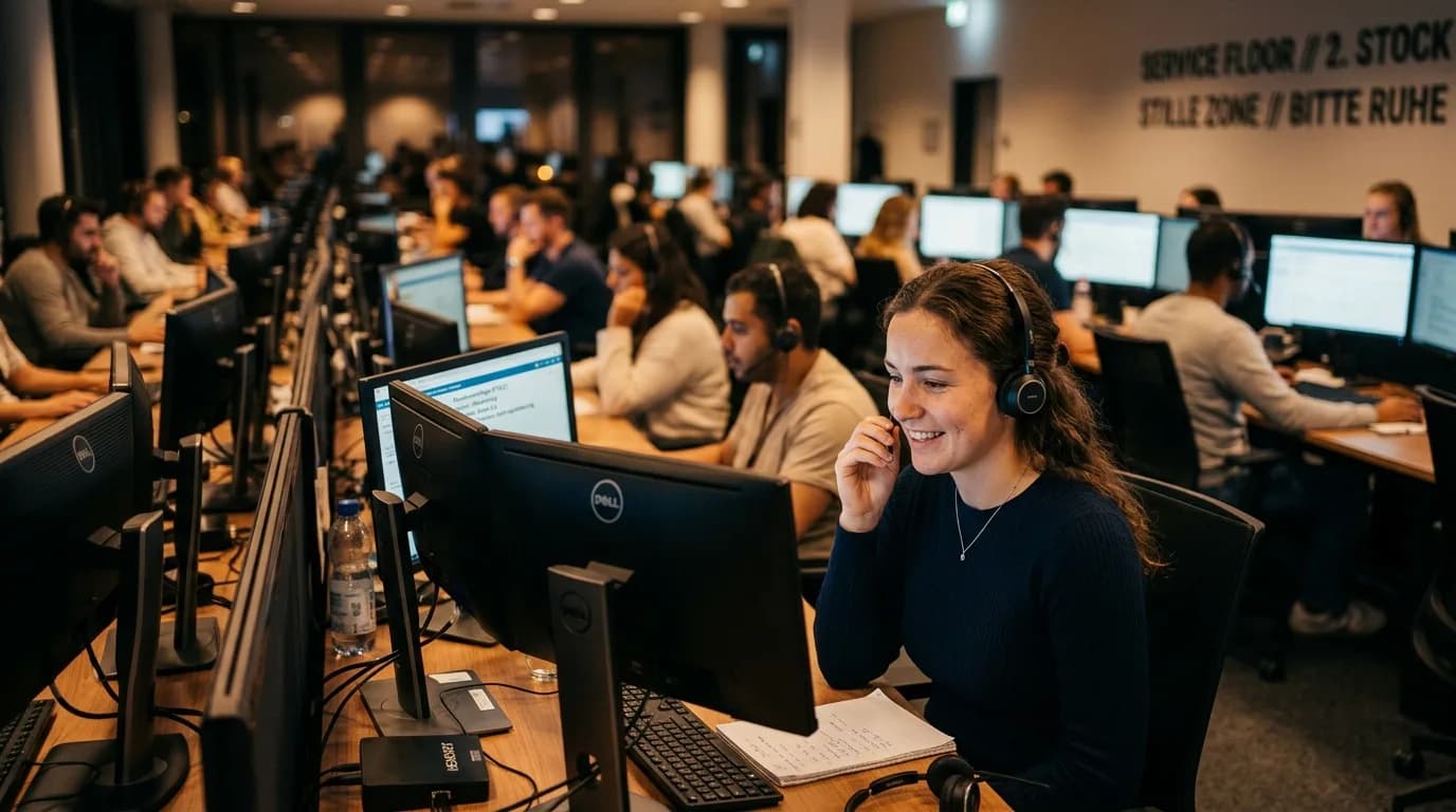 Customer Service Agent mit Headset beantwortet Kundenanfragen an einem Bildschirmarbeitsplatz