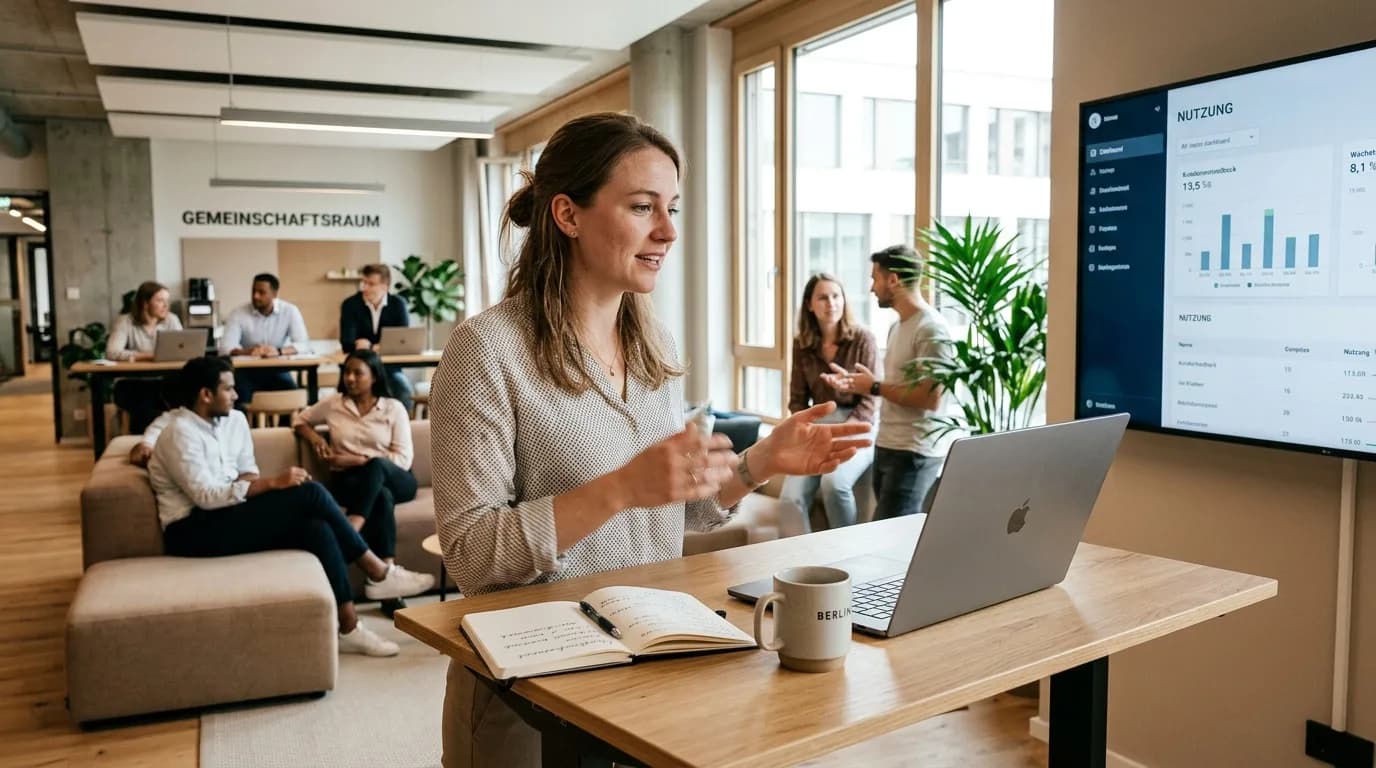 Customer Success Managerin bespricht Nutzungskennzahlen mit einem Kunden in einem Videocall