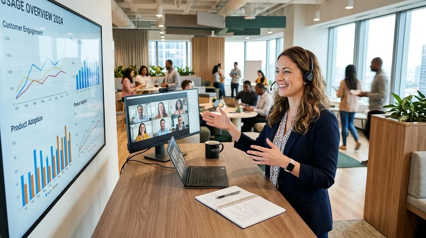 Customer Success Managerin bespricht Nutzungskennzahlen mit einem Kunden in einem Videocall