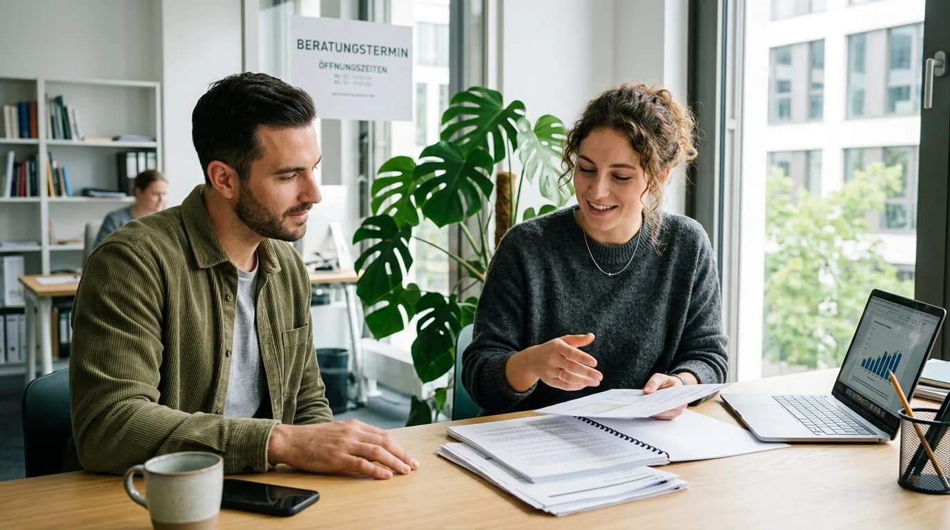 Kundenberaterin im persönlichen Beratungsgespräch mit einem Kunden am Schreibtisch