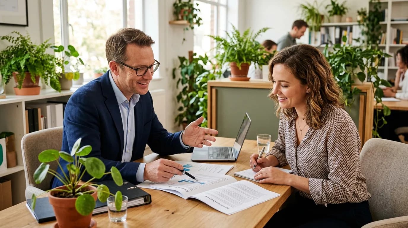 Kundenberaterin im persönlichen Beratungsgespräch mit einem Kunden am Schreibtisch
