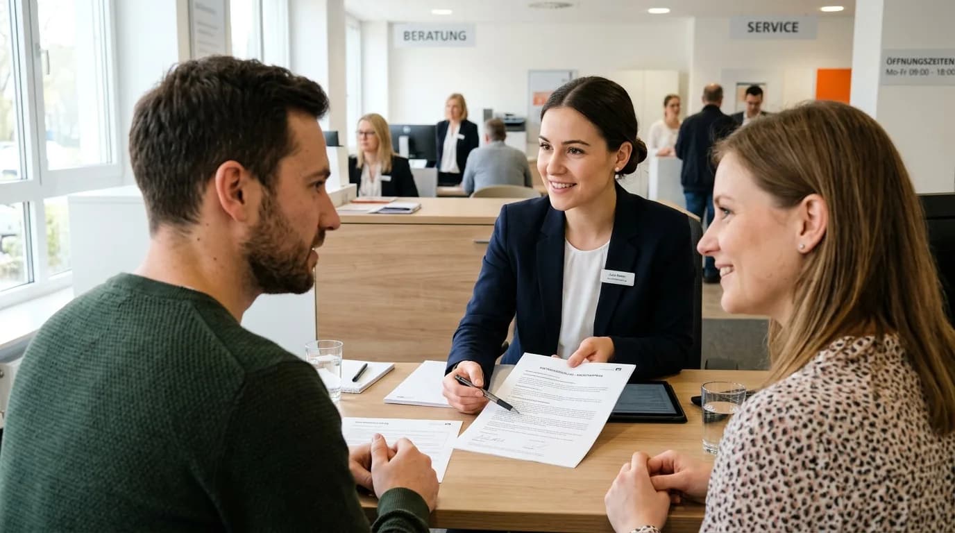 Kundenberaterin im persönlichen Beratungsgespräch mit einem Kunden am Schreibtisch