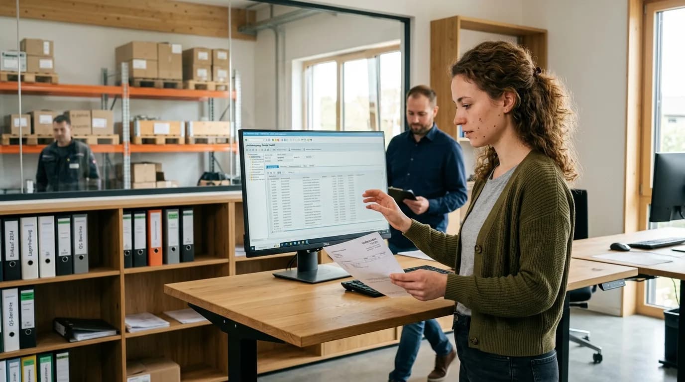 Mitarbeiter in der Auftragsabwicklung prüft Bestellunterlagen am Bildschirm in einem Büro