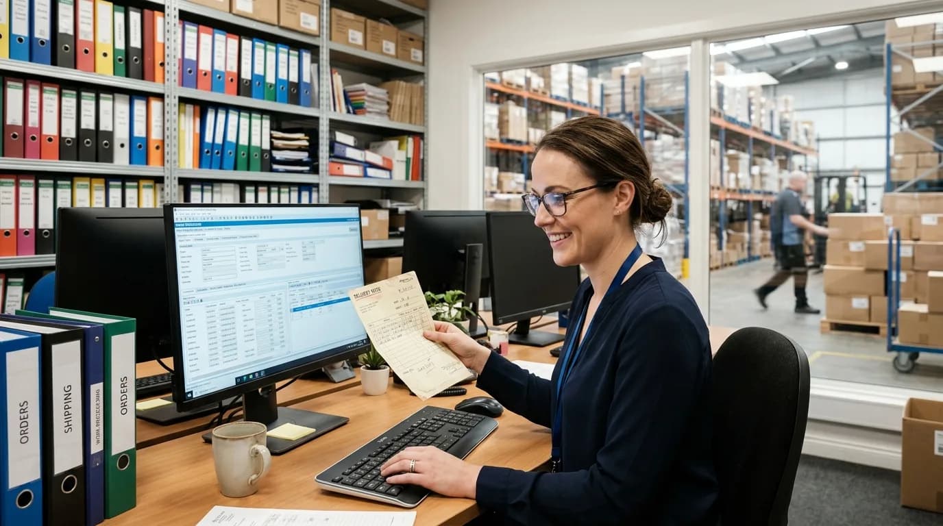Mitarbeiter in der Auftragsabwicklung prüft Bestellunterlagen am Bildschirm in einem Büro
