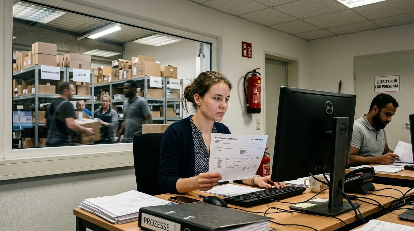 Mitarbeiter in der Auftragsabwicklung prüft Bestellunterlagen am Bildschirm in einem Büro