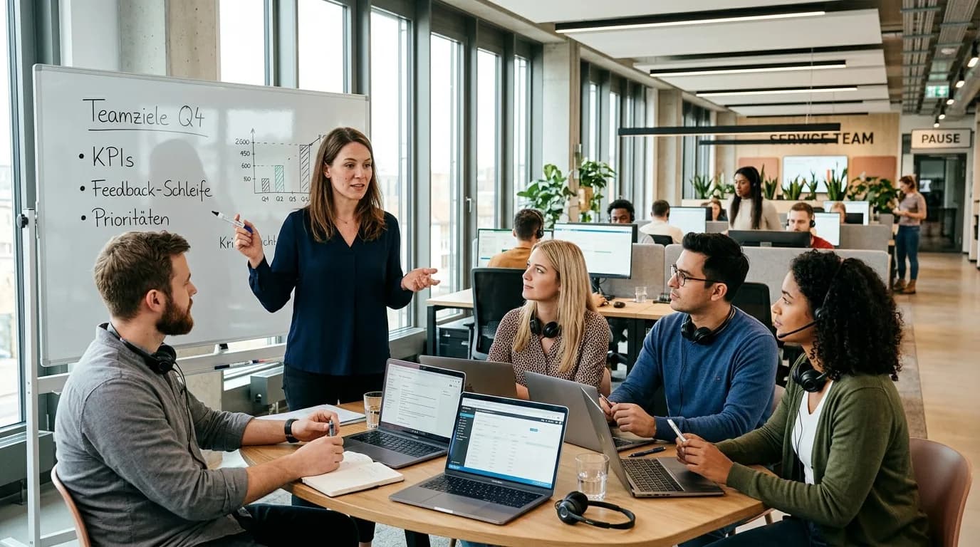 Teamleiter bespricht Servicekennzahlen mit seinem Team an einem Whiteboard im Großraumbüro