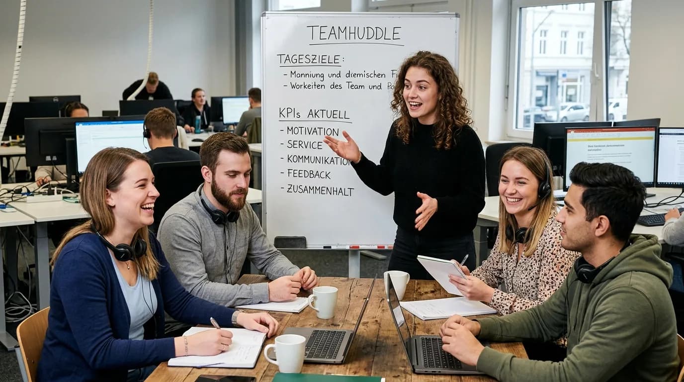 Teamleiter bespricht Servicekennzahlen mit seinem Team an einem Whiteboard im Großraumbüro