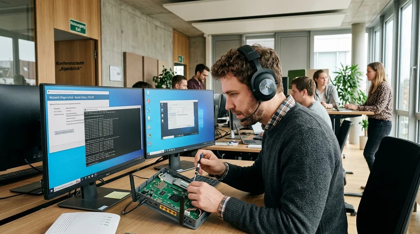 Support-Mitarbeiter analysiert eine technische Störung an zwei Bildschirmen mit Headset