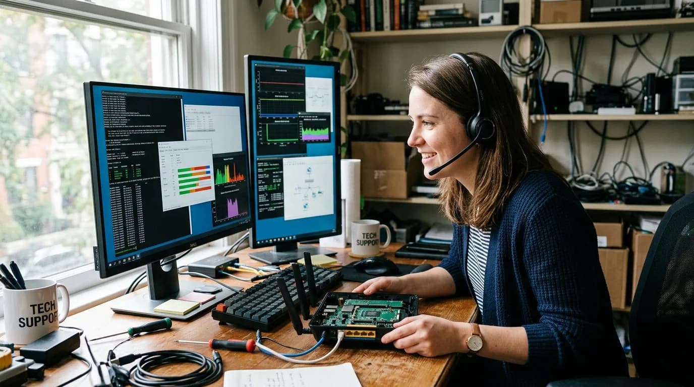 Support-Mitarbeiter analysiert eine technische Störung an zwei Bildschirmen mit Headset
