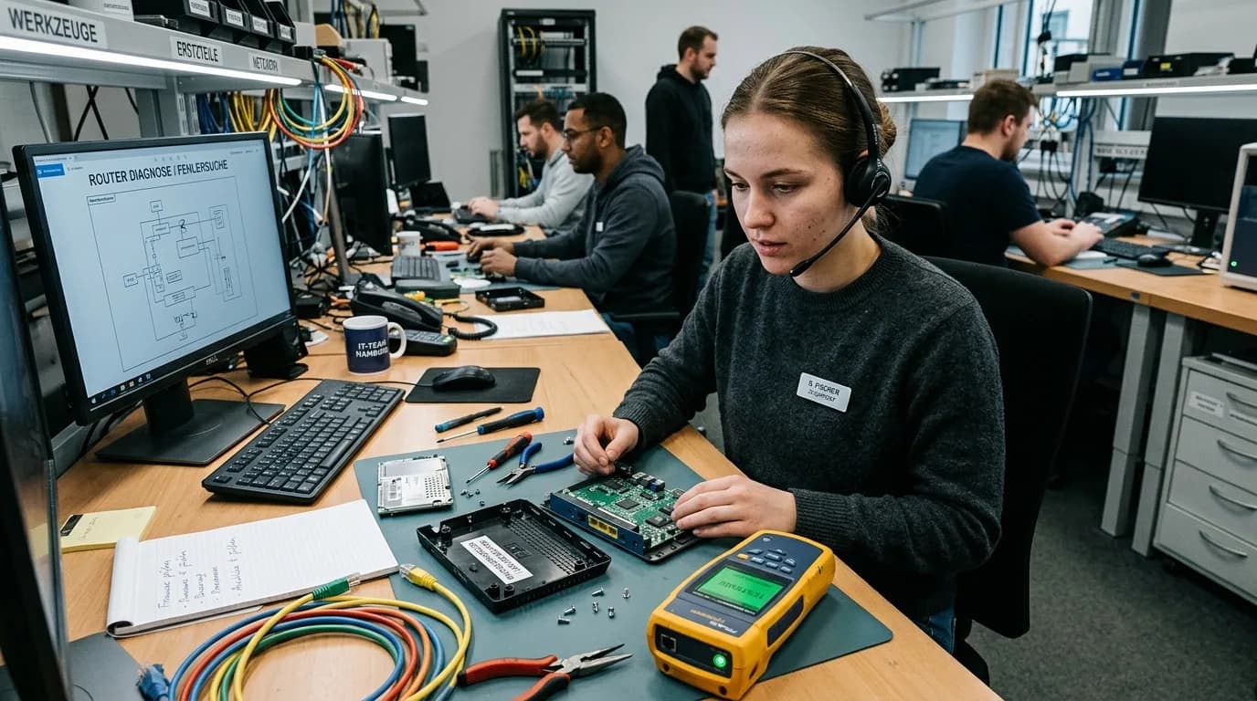 Support-Mitarbeiter analysiert eine technische Störung an zwei Bildschirmen mit Headset