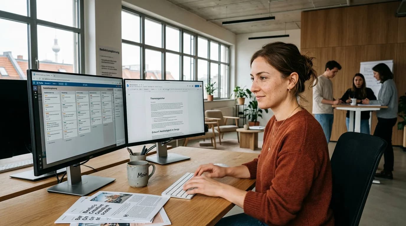 Content Managerin arbeitet am Schreibtisch an einem Redaktionsplan mit Texten und Bildern auf zwei Bildschirmen