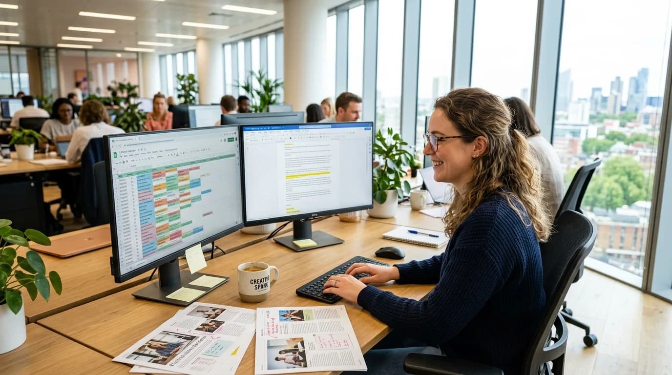Content Managerin arbeitet am Schreibtisch an einem Redaktionsplan mit Texten und Bildern auf zwei Bildschirmen