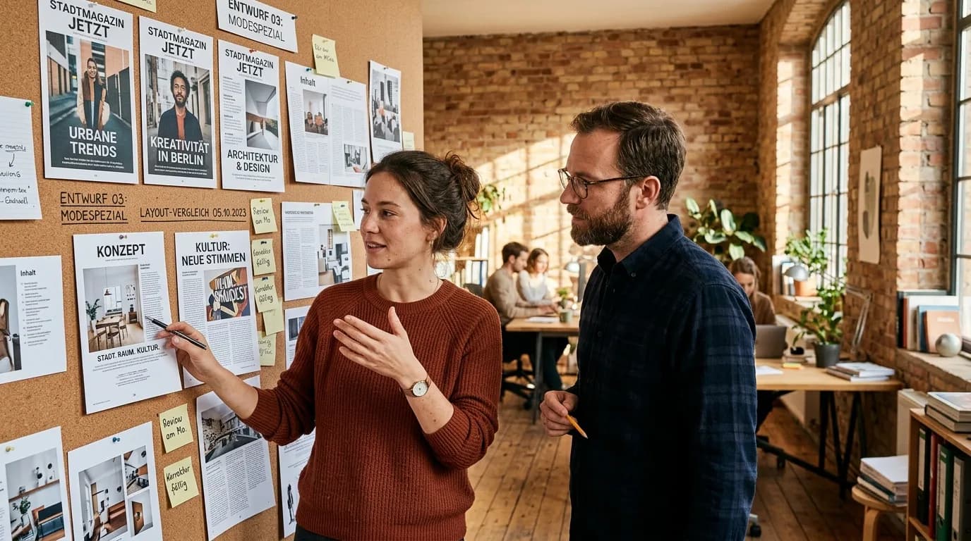 Content Managerin arbeitet am Schreibtisch an einem Redaktionsplan mit Texten und Bildern auf zwei Bildschirmen
