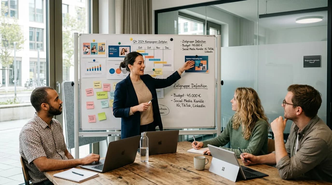 Marketing Manager stellt in einer Teambesprechung eine Kampagnenplanung an einer Wand mit Entwürfen vor