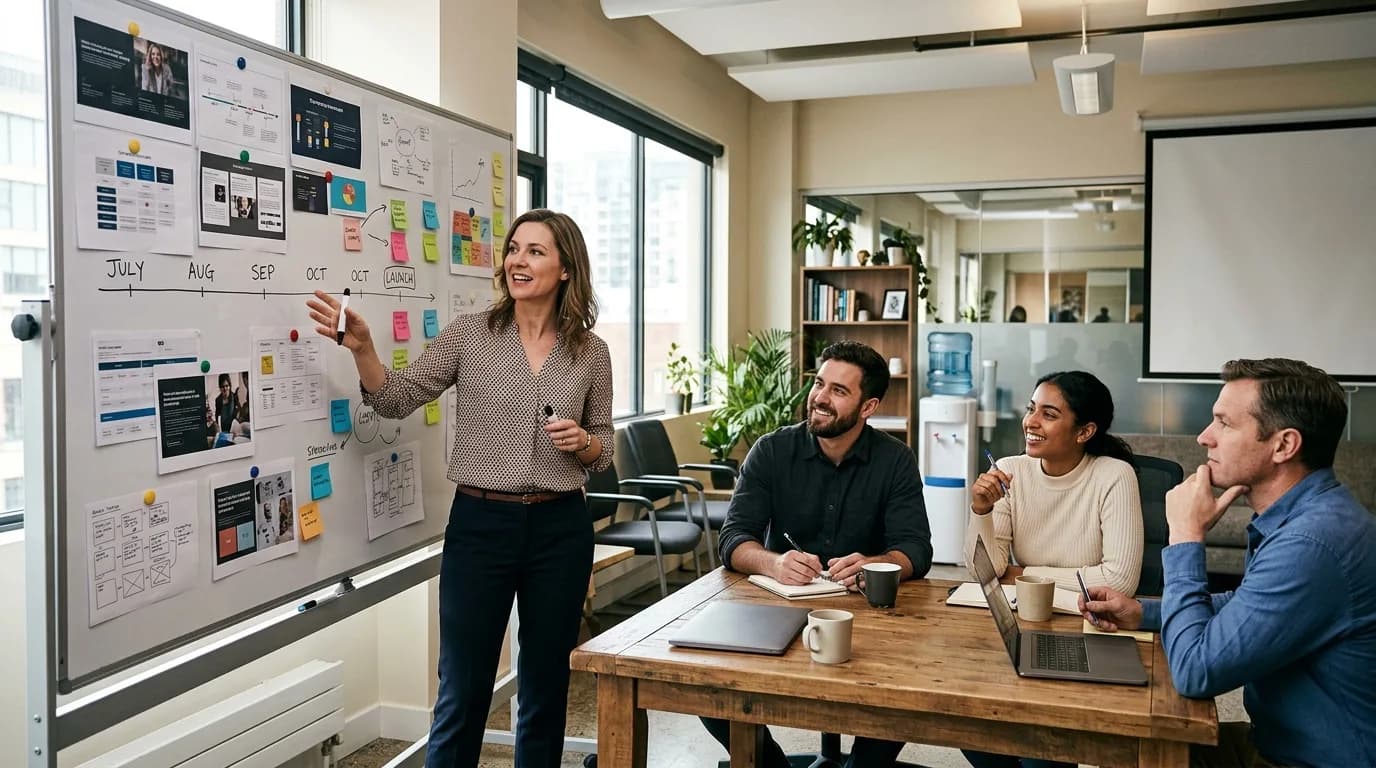 Marketing Manager stellt in einer Teambesprechung eine Kampagnenplanung an einer Wand mit Entwürfen vor