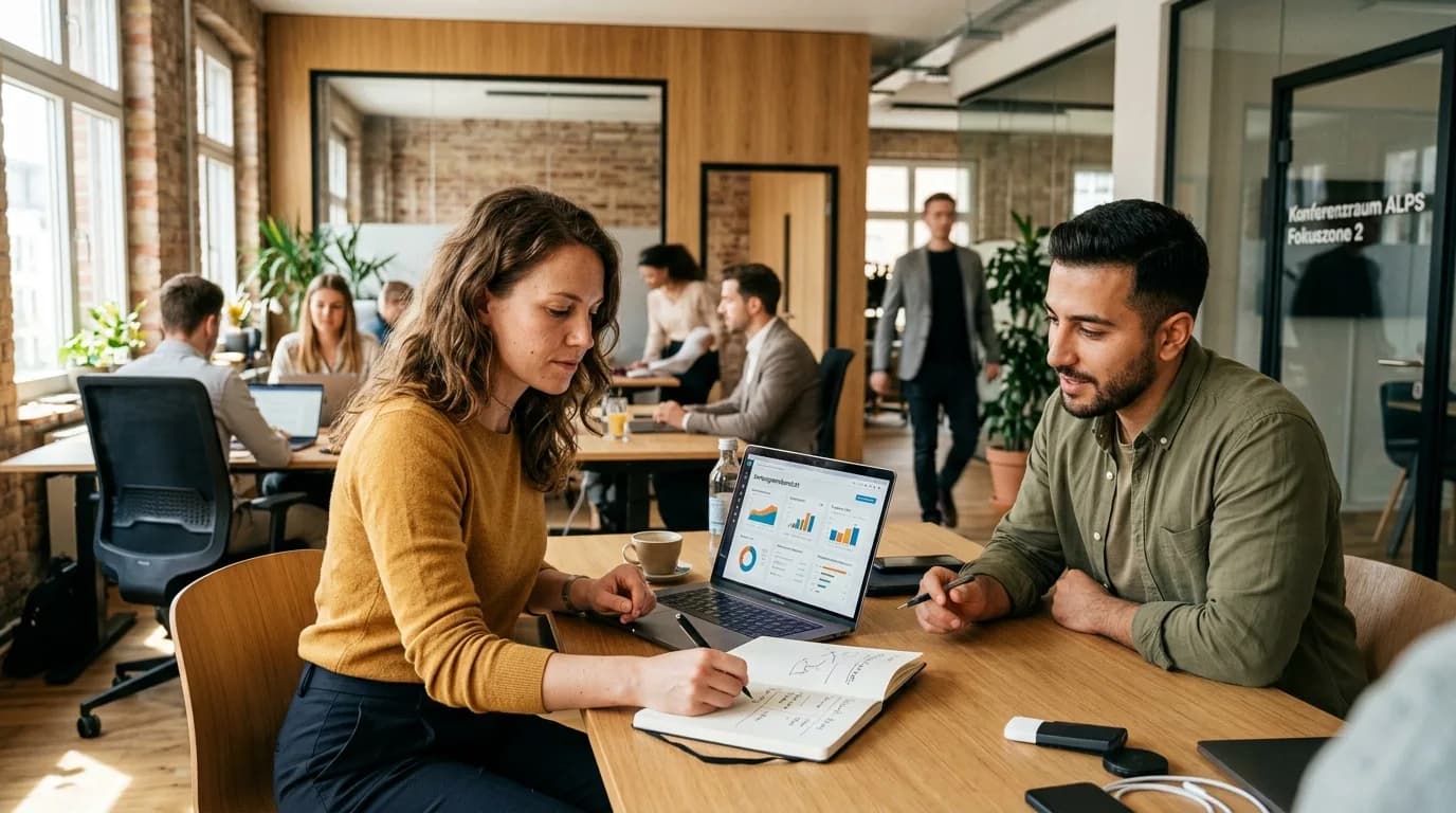 Online-Marketing-Manager wertet in einem hellen Büro Kampagnen-Kennzahlen auf einem Dashboard aus