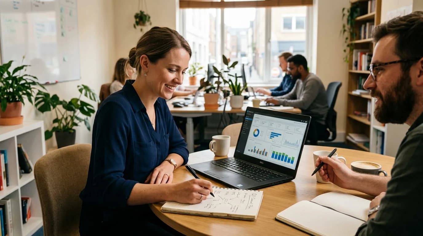 Online-Marketing-Manager wertet in einem hellen Büro Kampagnen-Kennzahlen auf einem Dashboard aus