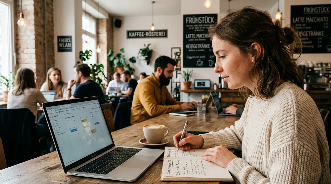 Online-Marketing-Manager wertet in einem hellen Büro Kampagnen-Kennzahlen auf einem Dashboard aus
