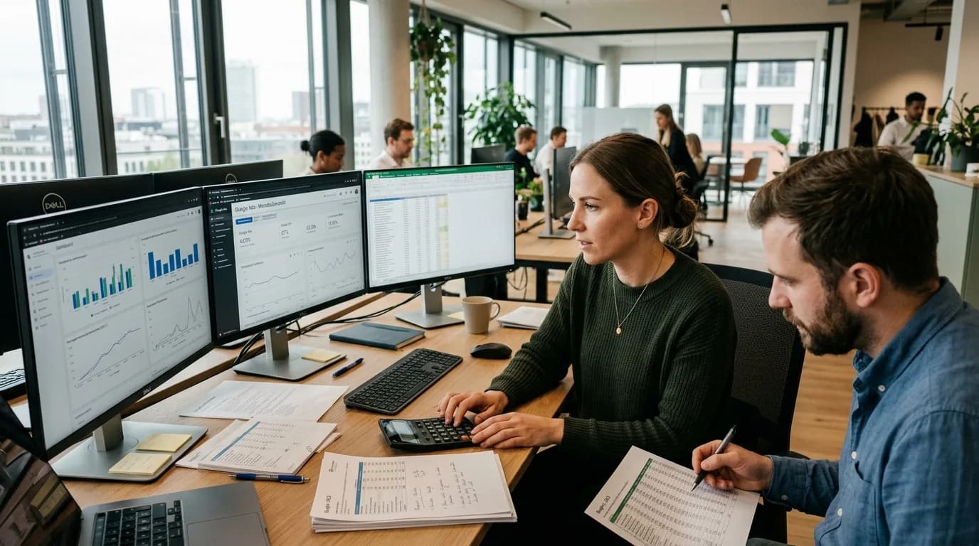 Performance-Marketing-Manager optimiert Anzeigenkampagnen anhand von Kennzahlen auf mehreren Monitoren