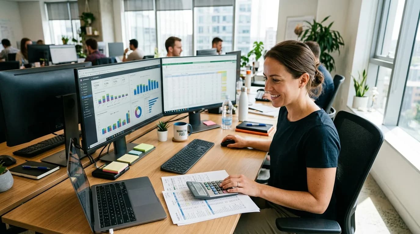 Performance-Marketing-Manager optimiert Anzeigenkampagnen anhand von Kennzahlen auf mehreren Monitoren