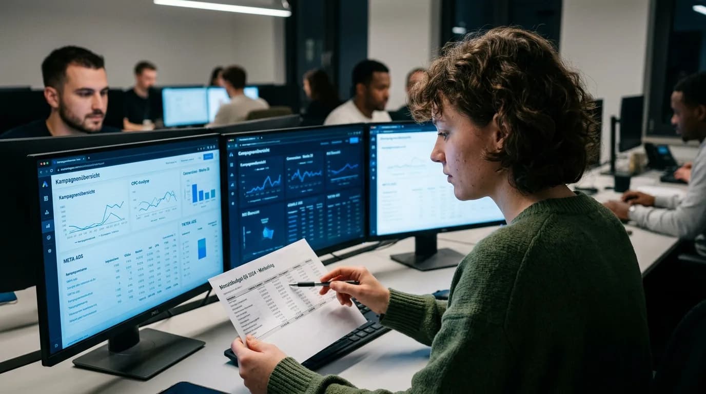 Performance-Marketing-Manager optimiert Anzeigenkampagnen anhand von Kennzahlen auf mehreren Monitoren