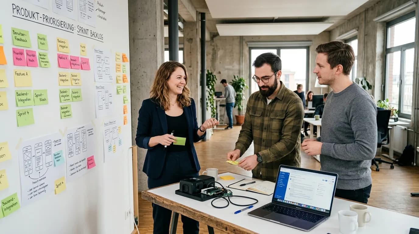 Produktmanager priorisiert mit Kollegen Anforderungen an einer Tafel mit Notizzetteln und Produktskizzen