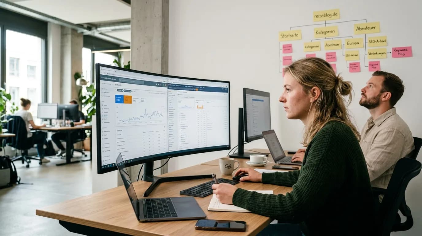 SEO-Spezialist analysiert Ranking-Daten und Suchanfragen an einem Arbeitsplatz mit geöffneten Auswertungen