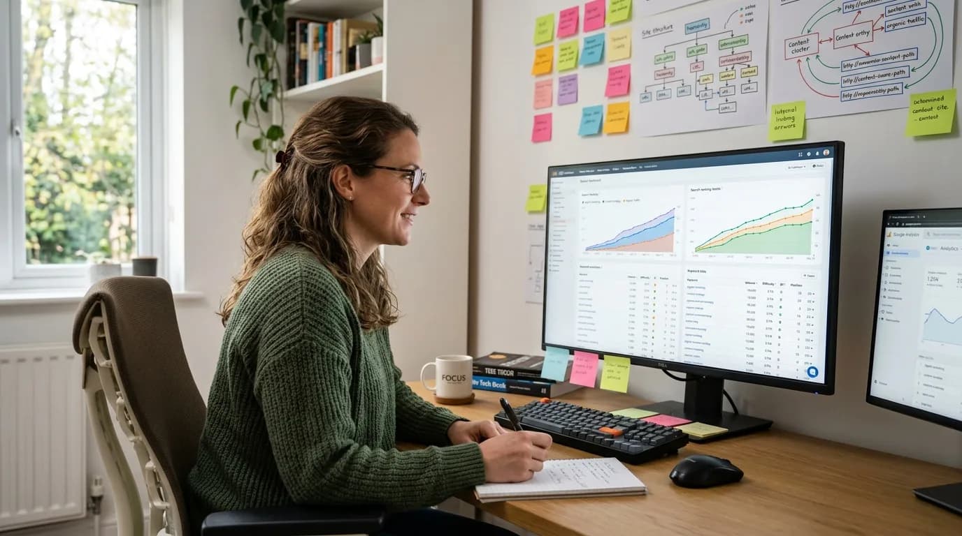 SEO-Spezialist analysiert Ranking-Daten und Suchanfragen an einem Arbeitsplatz mit geöffneten Auswertungen