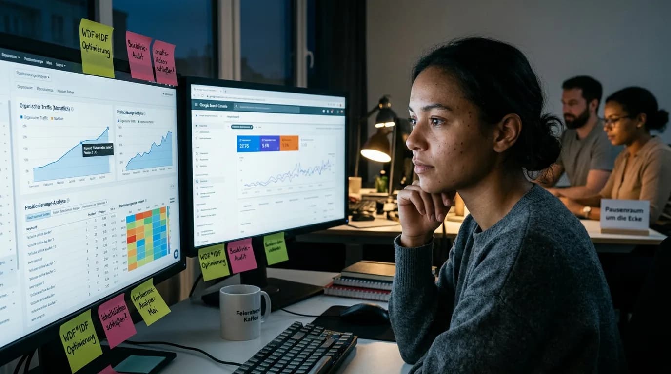 SEO-Spezialist analysiert Ranking-Daten und Suchanfragen an einem Arbeitsplatz mit geöffneten Auswertungen