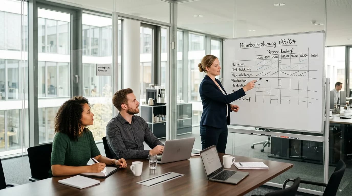 HR Business Partner bespricht mit zwei Führungskräften eine Personalplanung an einem Whiteboard