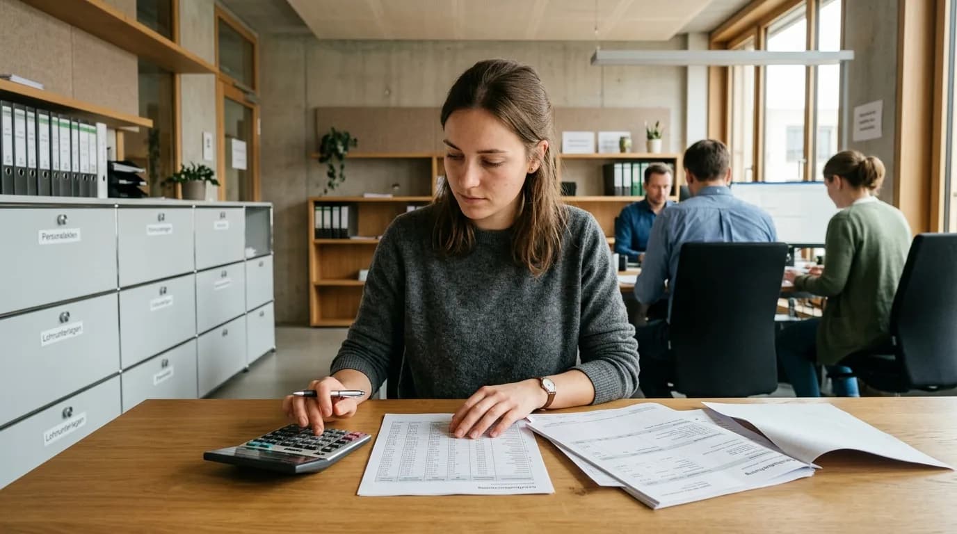 Entgeltabrechner arbeitet konzentriert an einer Gehaltsabrechnung mit Abrechnungssoftware und Belegen