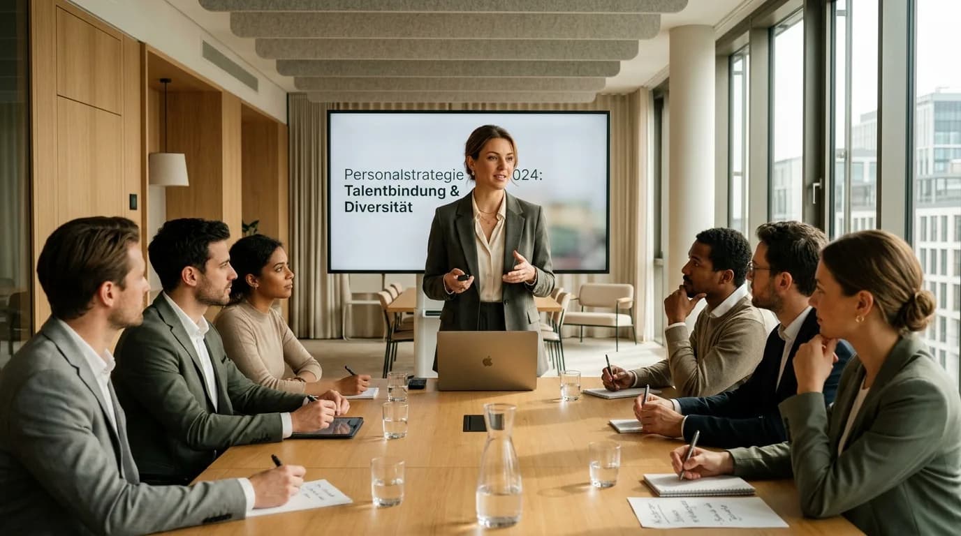 Personalleiterin stellt der Geschäftsführung eine Personalstrategie in einem Konferenzraum vor