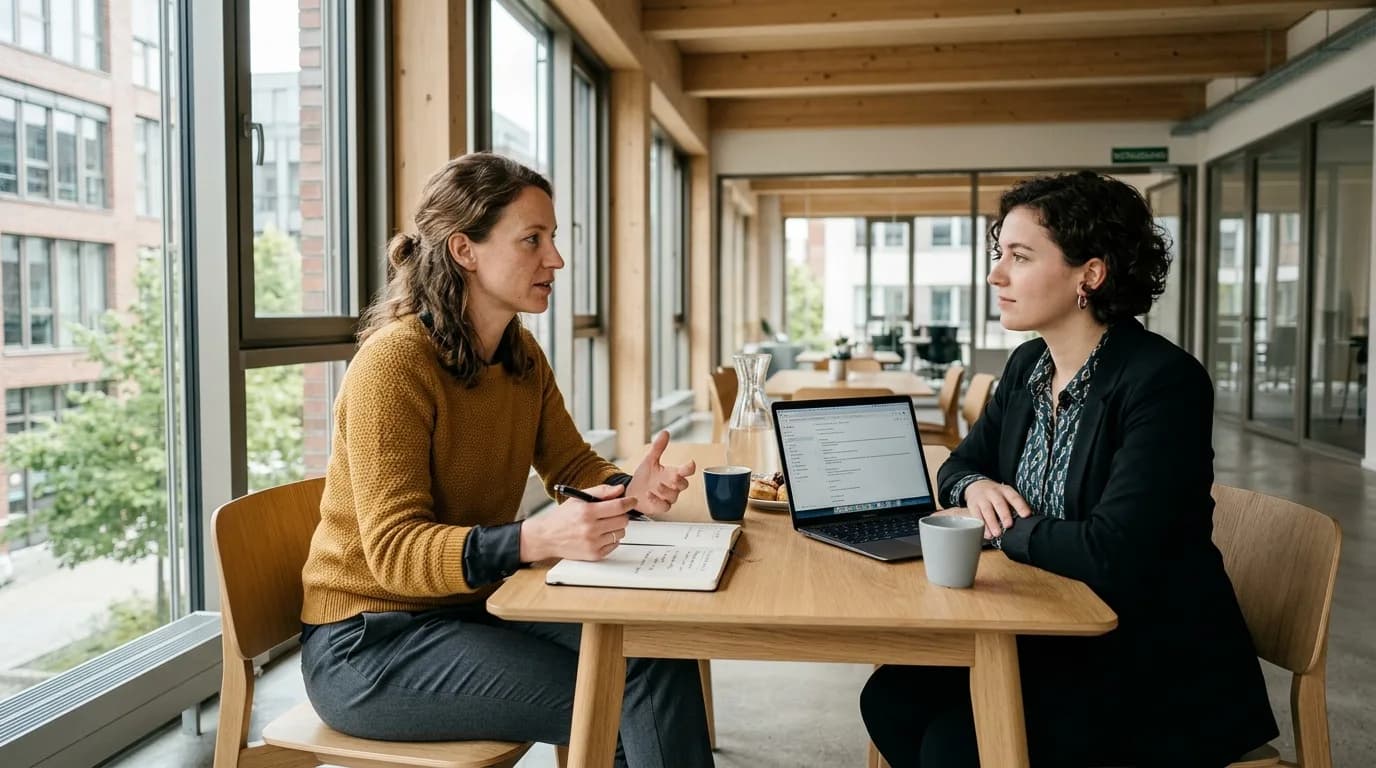 Personalreferent berät eine Führungskraft in einem Gespräch am Besprechungstisch
