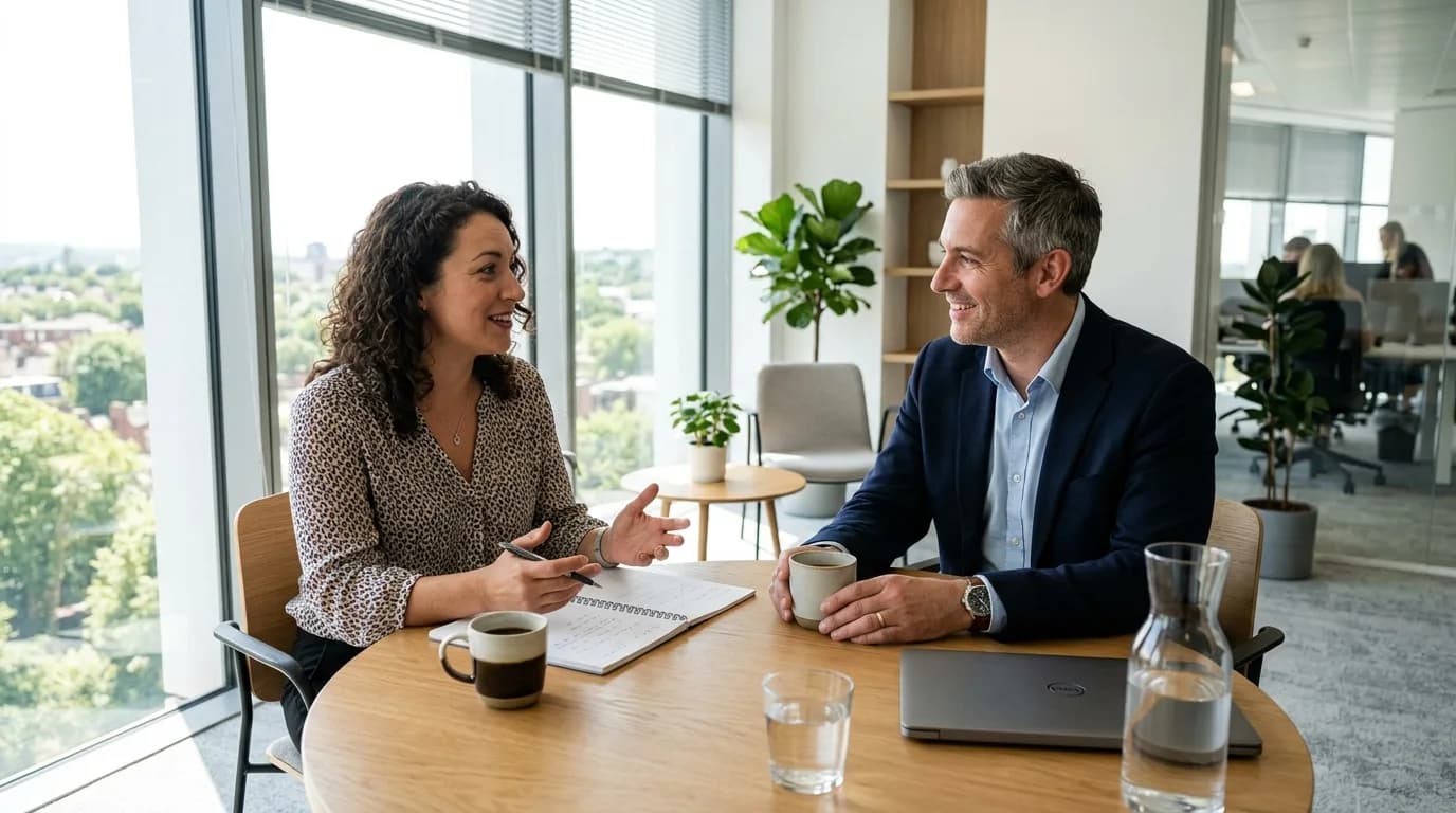 Personalreferent berät eine Führungskraft in einem Gespräch am Besprechungstisch