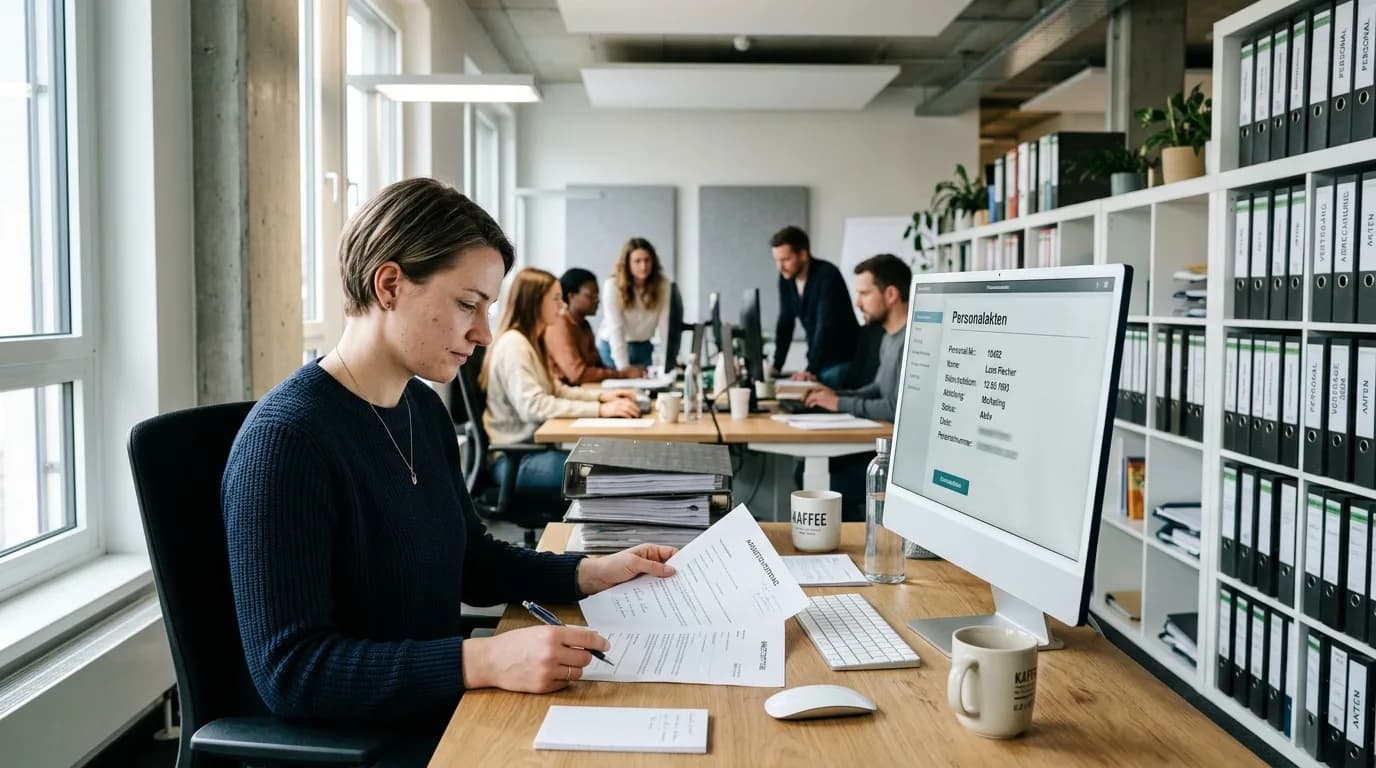 Personalsachbearbeiterin prüft Vertragsunterlagen am Schreibtisch in einem Personalbüro