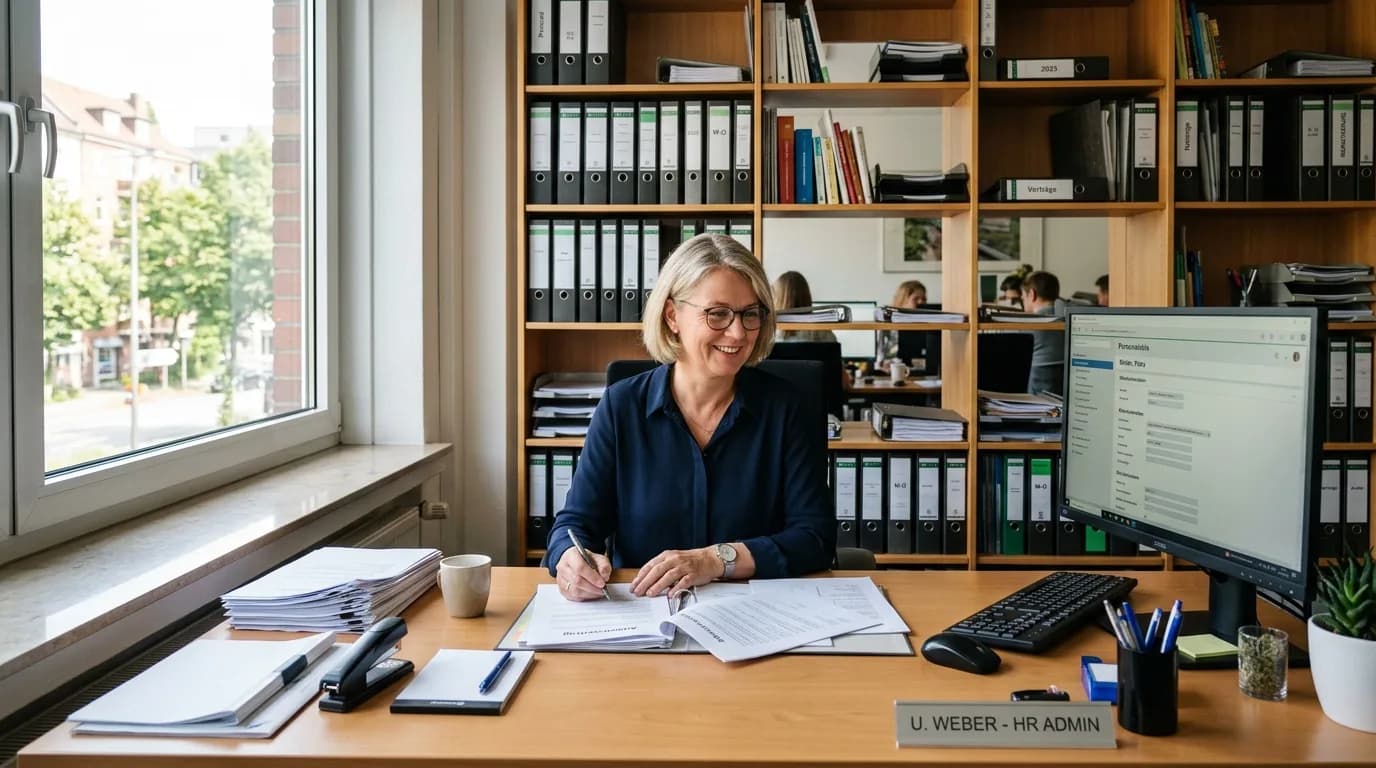 Personalsachbearbeiterin prüft Vertragsunterlagen am Schreibtisch in einem Personalbüro
