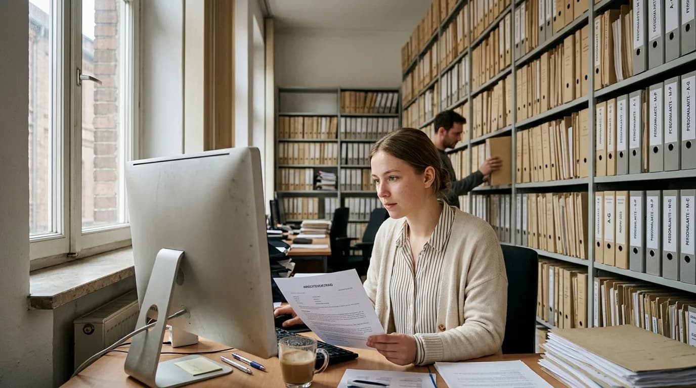 Personalsachbearbeiterin prüft Vertragsunterlagen am Schreibtisch in einem Personalbüro