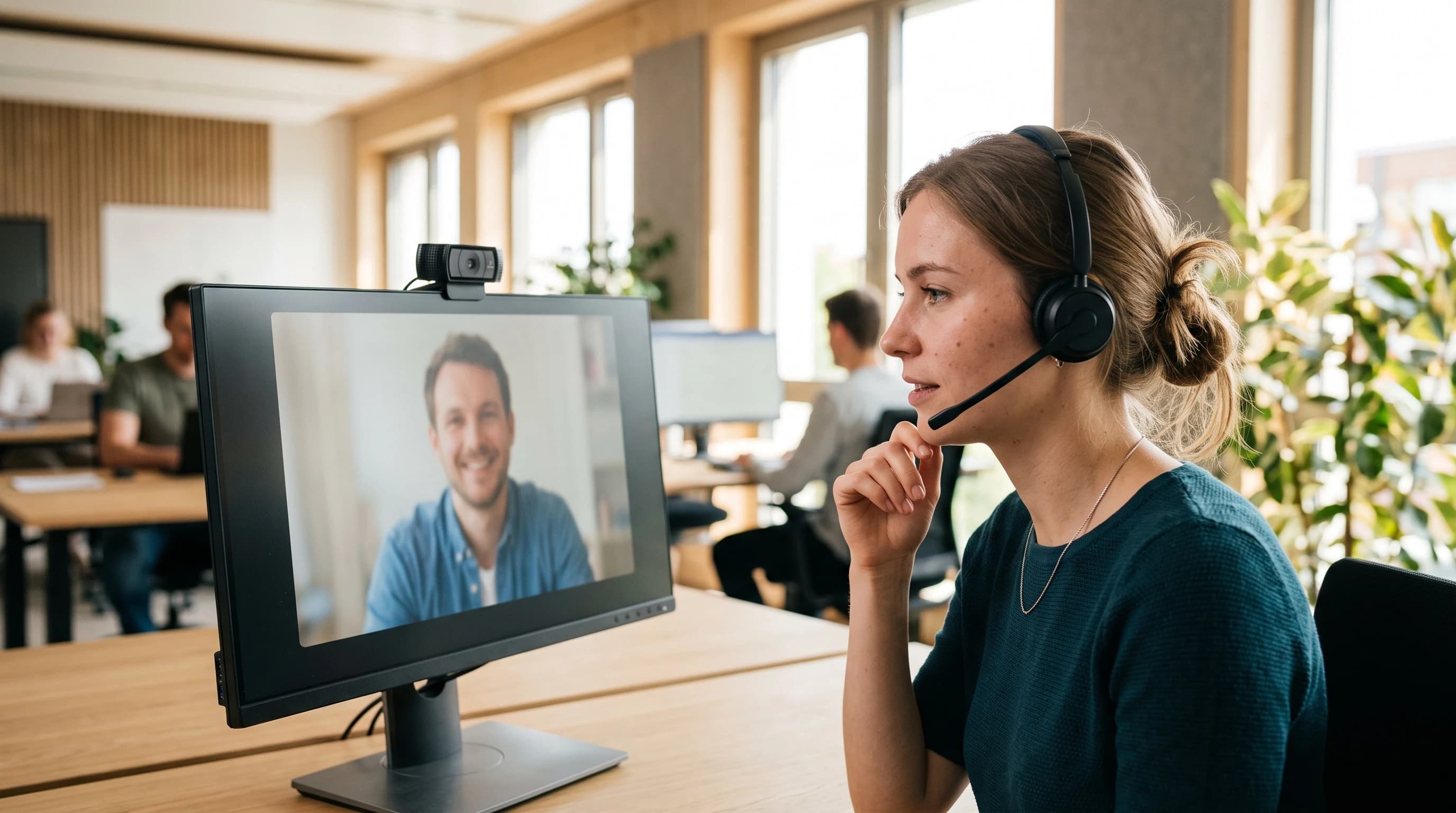 Recruiter führt ein Videointerview mit einem Bewerber an einem Arbeitsplatz mit zwei Bildschirmen