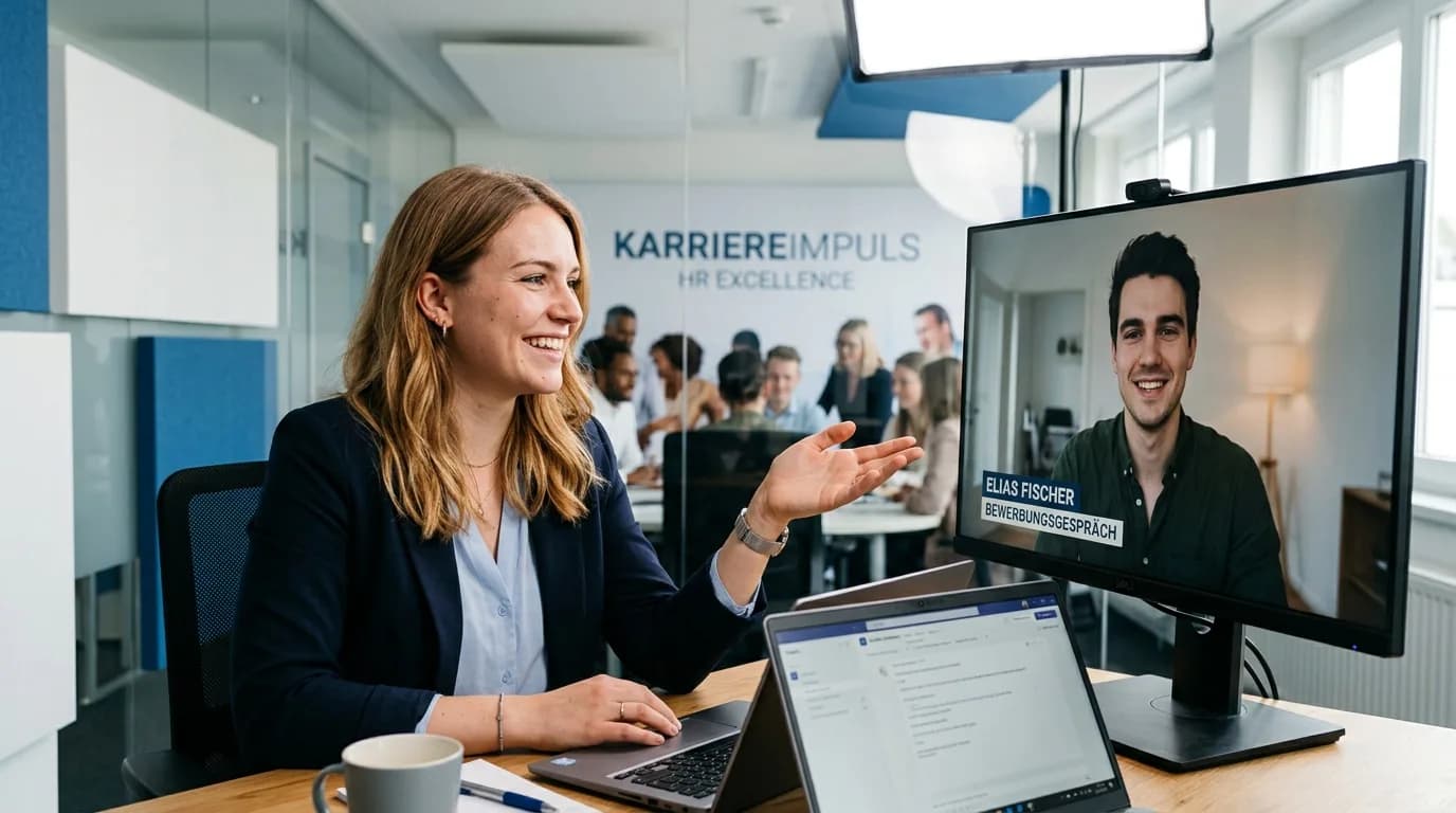 Recruiter führt ein Videointerview mit einem Bewerber an einem Arbeitsplatz mit zwei Bildschirmen