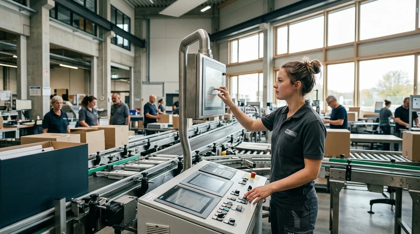 Anlagenführer bedient das Bedienpult einer laufenden Produktionsanlage in einer Werkhalle