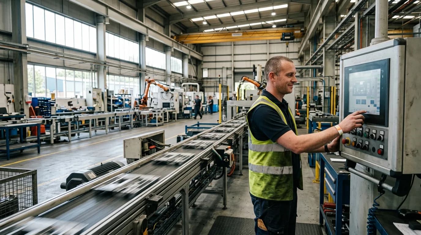 Anlagenführer bedient das Bedienpult einer laufenden Produktionsanlage in einer Werkhalle