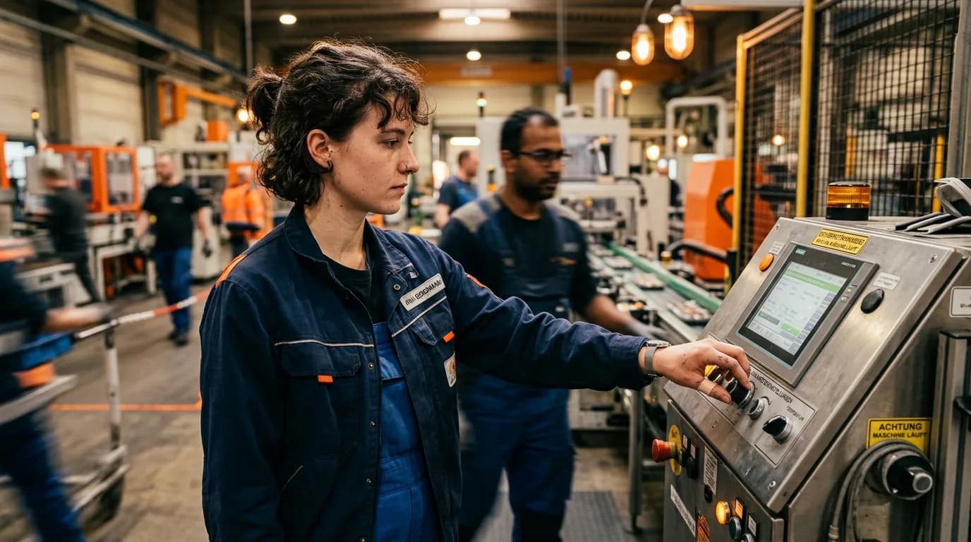 Anlagenführer bedient das Bedienpult einer laufenden Produktionsanlage in einer Werkhalle