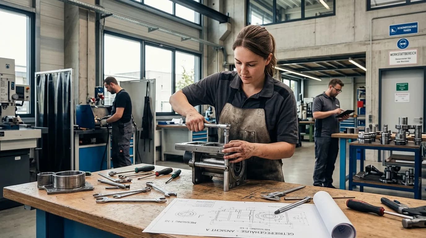 Industriemechaniker montiert eine Baugruppe an einer Fertigungsmaschine mit Werkzeug in der Hand