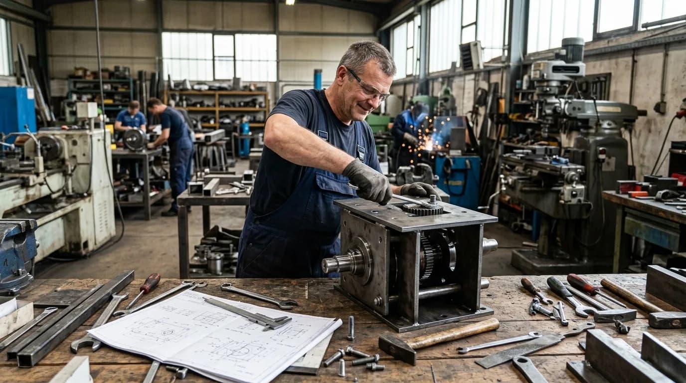 Industriemechaniker montiert eine Baugruppe an einer Fertigungsmaschine mit Werkzeug in der Hand