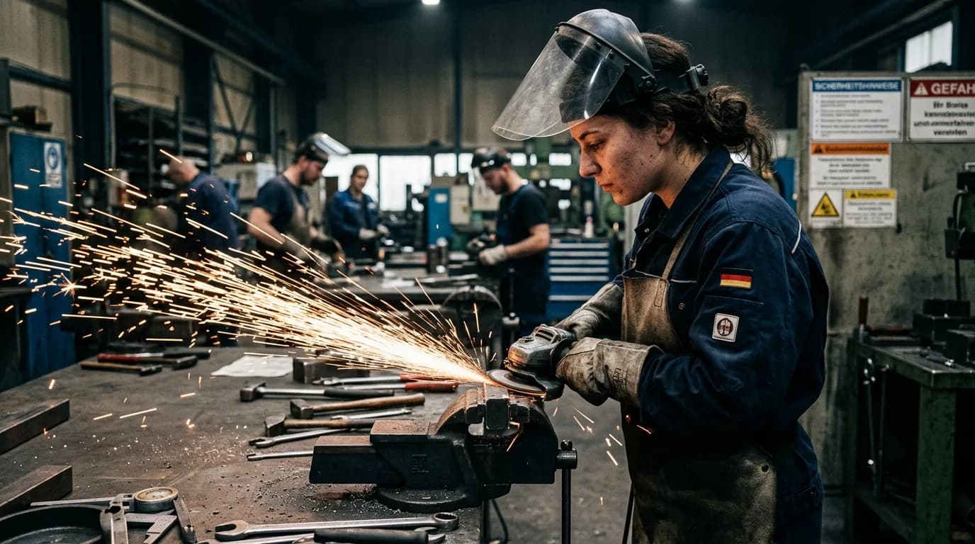 Industriemechaniker montiert eine Baugruppe an einer Fertigungsmaschine mit Werkzeug in der Hand