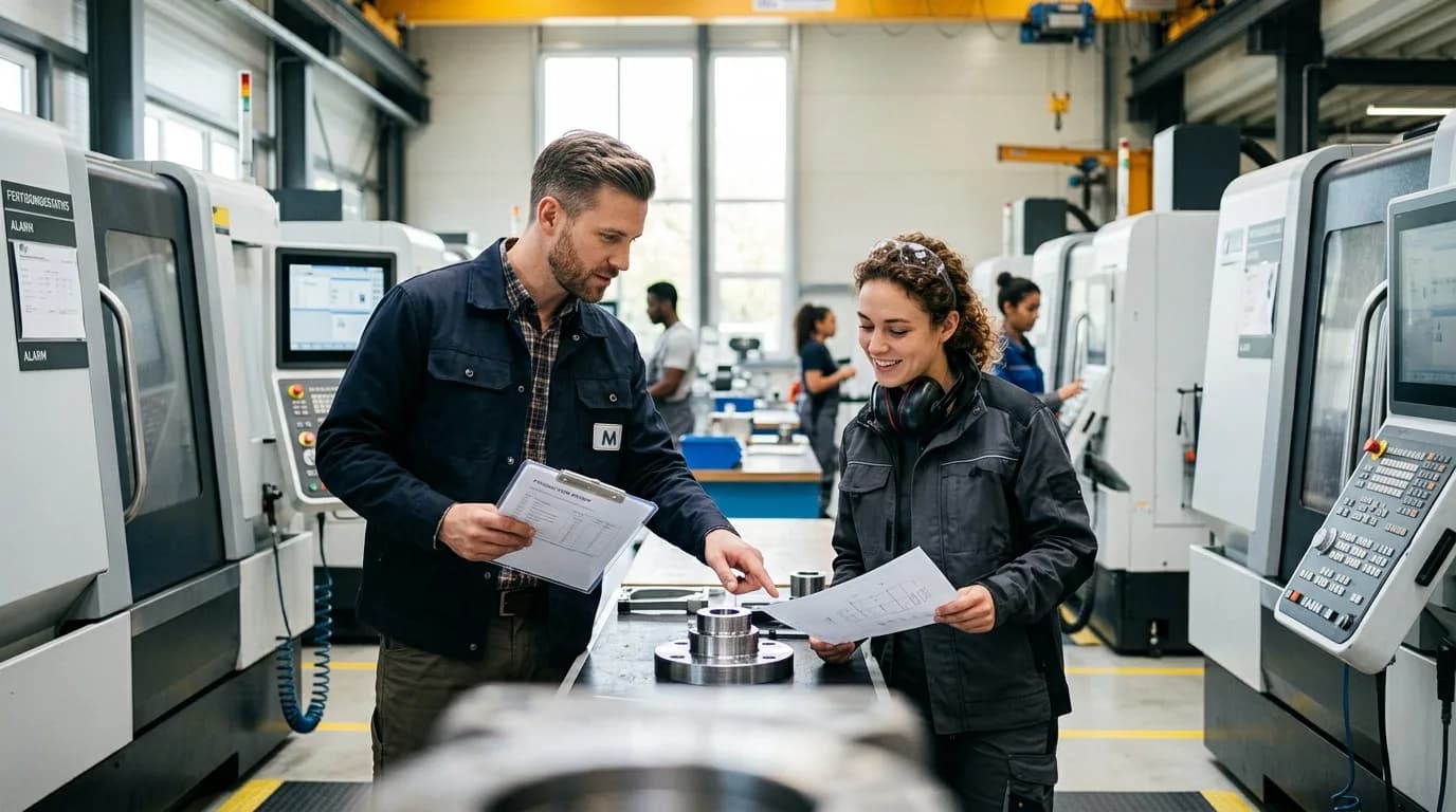 Industriemeister bespricht mit einem Mitarbeiter den Fertigungsauftrag an einer Maschine in der Werkhalle