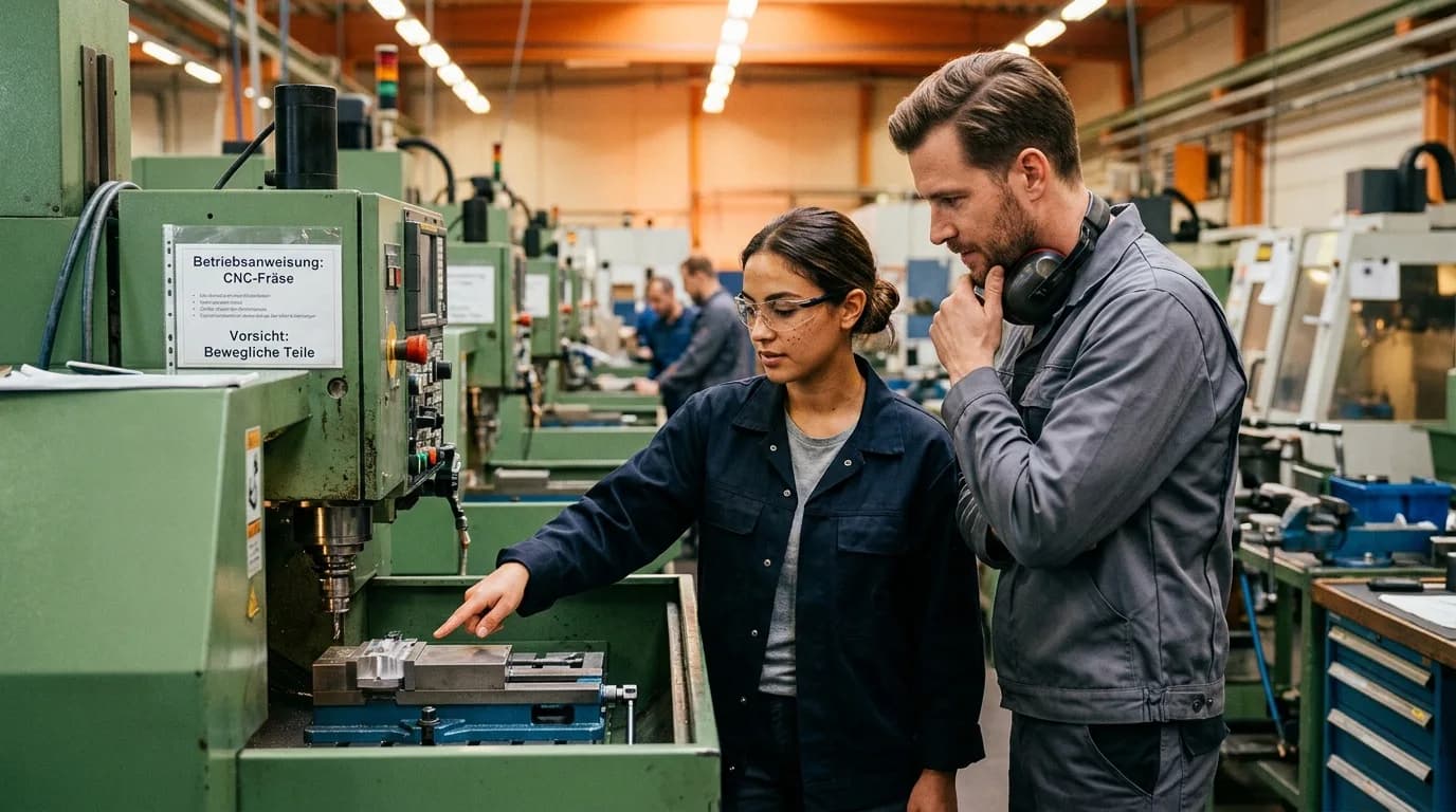 Industriemeister bespricht mit einem Mitarbeiter den Fertigungsauftrag an einer Maschine in der Werkhalle