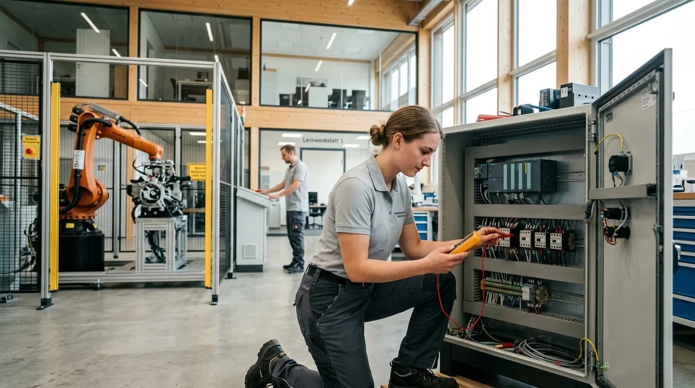 Mechatroniker prüft die Verdrahtung eines Schaltschranks an einer automatisierten Anlage