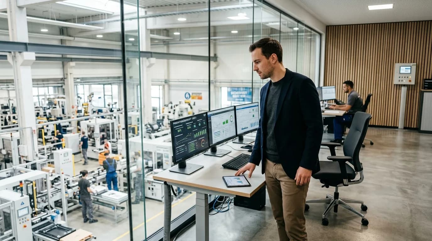 Produktionsleiter verfolgt Produktionskennzahlen an den Monitoren eines Leitstands mit Blick in die Fertigung