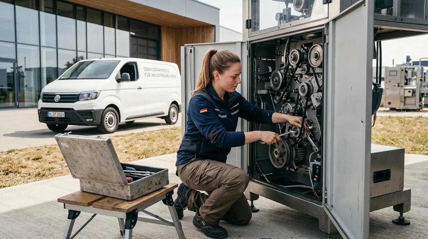 Servicetechniker repariert eine Maschine beim Kunden vor Ort mit geöffnetem Werkzeugkoffer